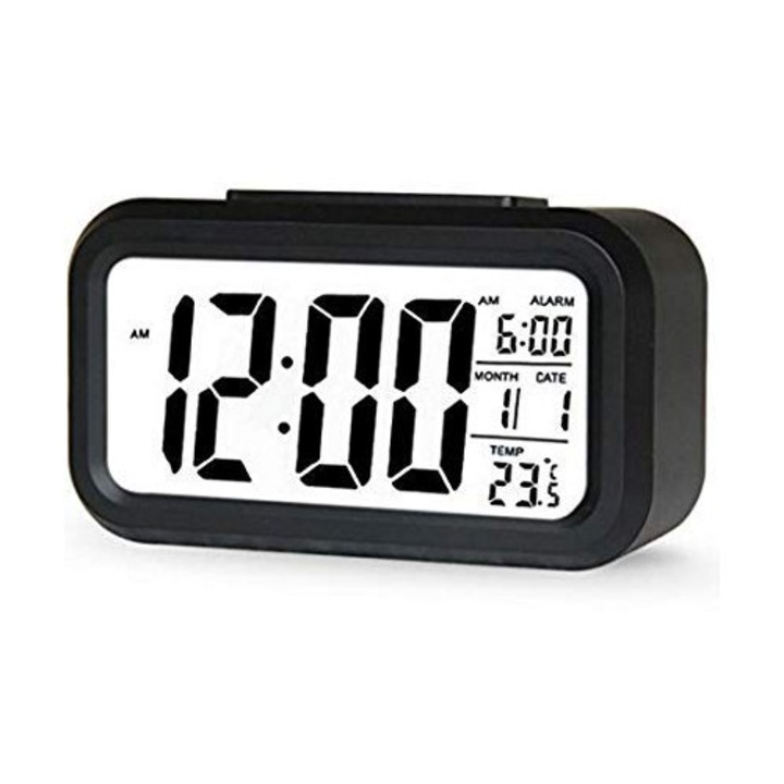 Ceas desteptator digitalcu afisaj mare, senzor inteligent de noapte si functie snooze, negru