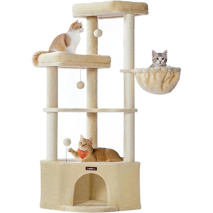 Комплект за игра за котки Feandrea, височина 140.7 см, просторна XXL къщичка, хамак и 3 играчки, пясъчно бежов