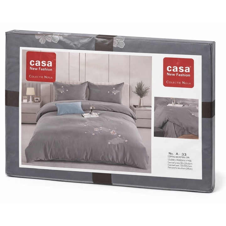Szürke ágynemű Casa New Fashion, 4 részes szett, mikroszálas, 200x230 cm, franciaágy