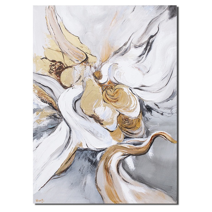 Tablou abstract in alb cu auriu pictat manual, Imaginatie 2, 70x50cm ulei pe panza in cutit efect 3D, Vicentiu Done