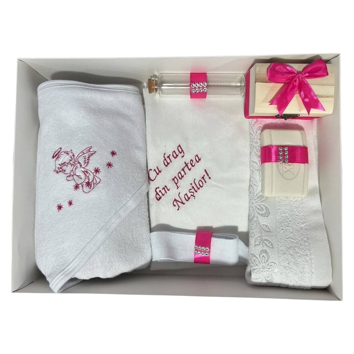 Trusou botez ingeras –siclam fucsia, 7 piese, bumbac