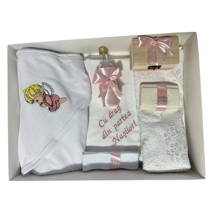 Trusou botez ingeras blond brodat –pudra, 7 piese, bumbac