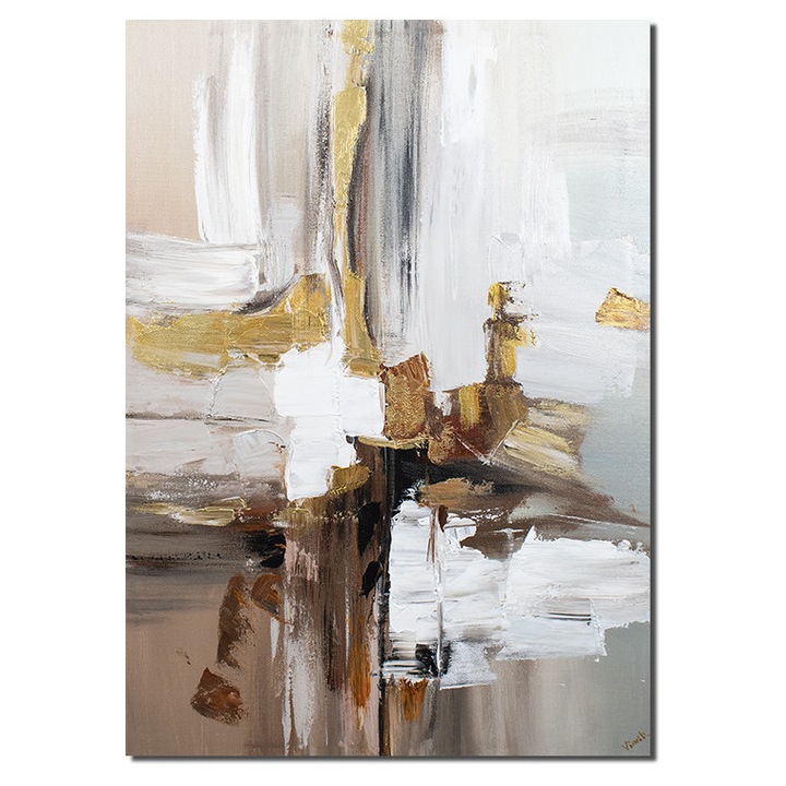 Tablou abstract cu auriu pictat manual, Univers paralel, 70x50cm ulei pe panza in cutit efect 3D, Vicentiu Done