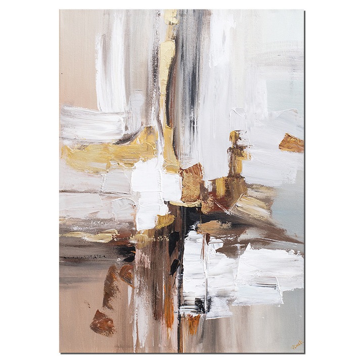 Tablou abstract cu auriu pictat manual, Univers paralel 2, 70x50cm ulei pe panza in cutit efect 3D, Vicentiu Done