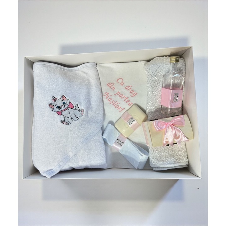 Trusou botez Pisica Marie – roz, 7 piese, bumbac