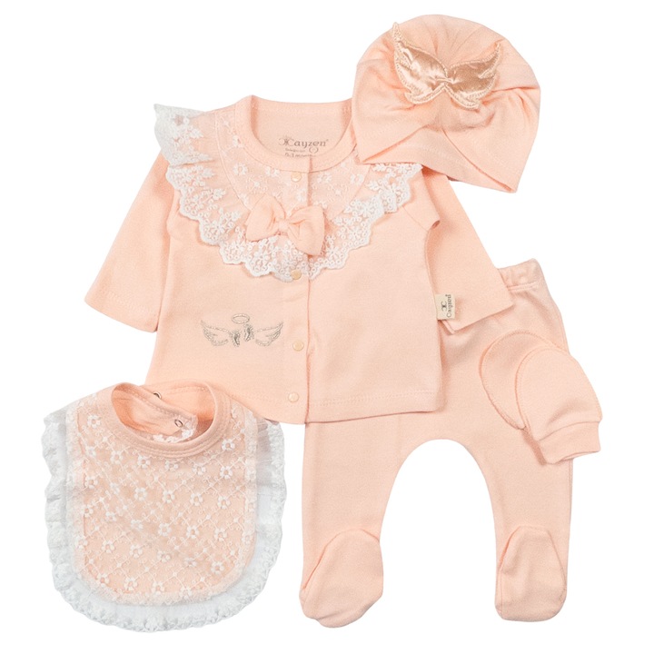 Set 5 piese pentru Nou Nascuti fetite, Model Ingeras, coral 62 CM