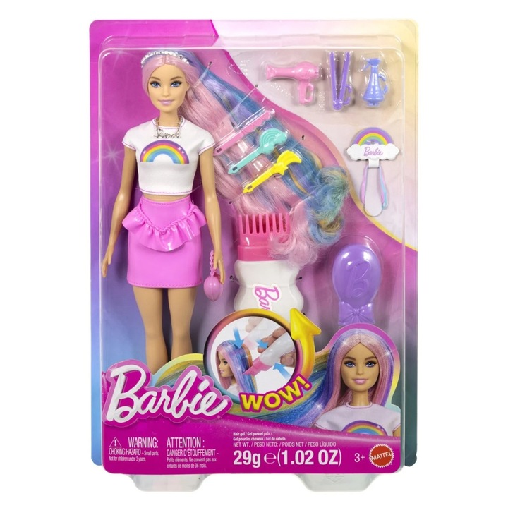 Set Papusa Barbie cu Par Stralucitor Curcubeu, Accesorii Coafare, Multicolor, 32.5x23x5.5cm