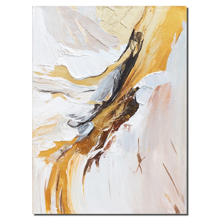 Tablou abstract cu auriu pictat manual, Filon 2, 70x50cm ulei pe panza in cutit efect 3D, Vicentiu Done