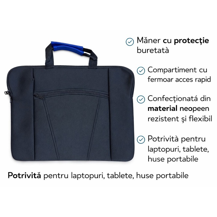 Elegáns Laptop Táska Védelemmel, Kiegészítő Rekesszel, 15.6”, Fekete