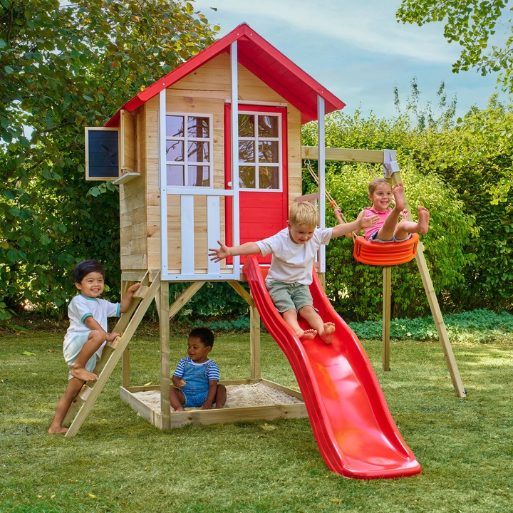 Casuta de gradina TP TOYS, Poppy Cottage, cu platforma cu loc pentru nisip, tobogan si leagan simplu, lemn, rosu/maro/alb
