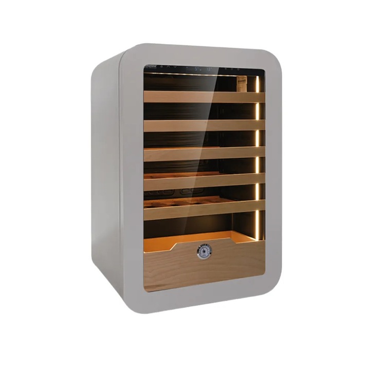 Racitor de vin premium KlimaItalia, Vinarius, 36 sticle, 54x83 cm, 5 rafturi lemn natur, sertar depozitare, tehnologie cu compresor, racire ventilata, temperatura reglabila 2-20°C, higrometru integrat, protectie anti-UV, dezghetare automata, gri