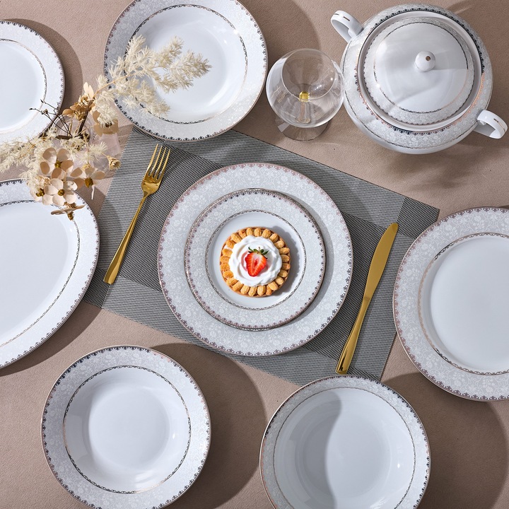 Serviciu de Masa 6 persoane Golden Lace Heritage din Portelan Premium, 30 piese, Design Broderie Aurie