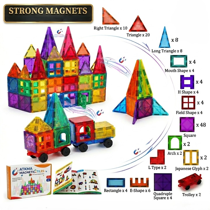 Set 120 Placi Magnetice de Constructie 3D ATKMA, Joc Educativ STEM, Magneti Puternici, 7.5 cm, Compatibil cu alte branduri, Multicolor