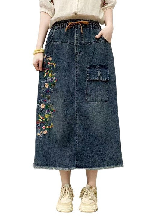 Fusta midi, albastru din material denim