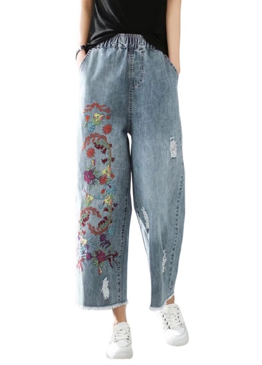 Női farmer A13, gumis derékkal, hímzett, kék