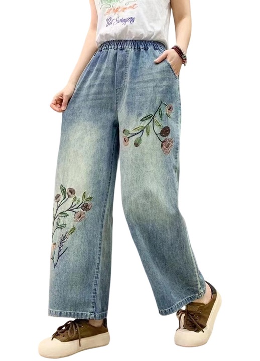 Blugi pentru dama A22, talie elastica, brodati, albastru, M INTL