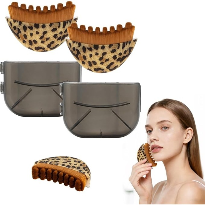 Set de 2 perii pentru conturare faciala, masaj linfatic, curatare delicata, imprimeu leopard