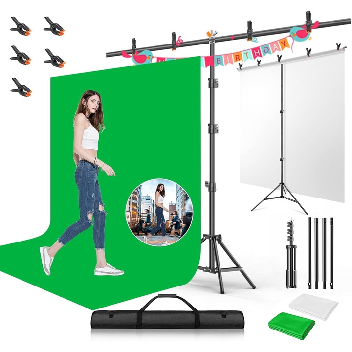 Kit Foto Studio Background, Folixs®, Stand portabil pentru fundal, Alb Green screen fundal T-Shape, 150*200cm, 5 x Cleme, Geanta de depozitare, Usor de instalat, fundal pentru fotografie, jocuri in flux, chat video, conferinte video