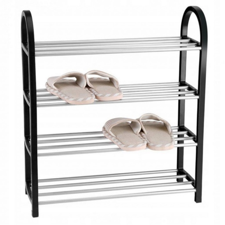 Етажерка за обувки, 4 нива, До 12 чифта, Спестява място, Здрава конструкция, 57 x 55 x 19 сантиметра, Черен/сребрист