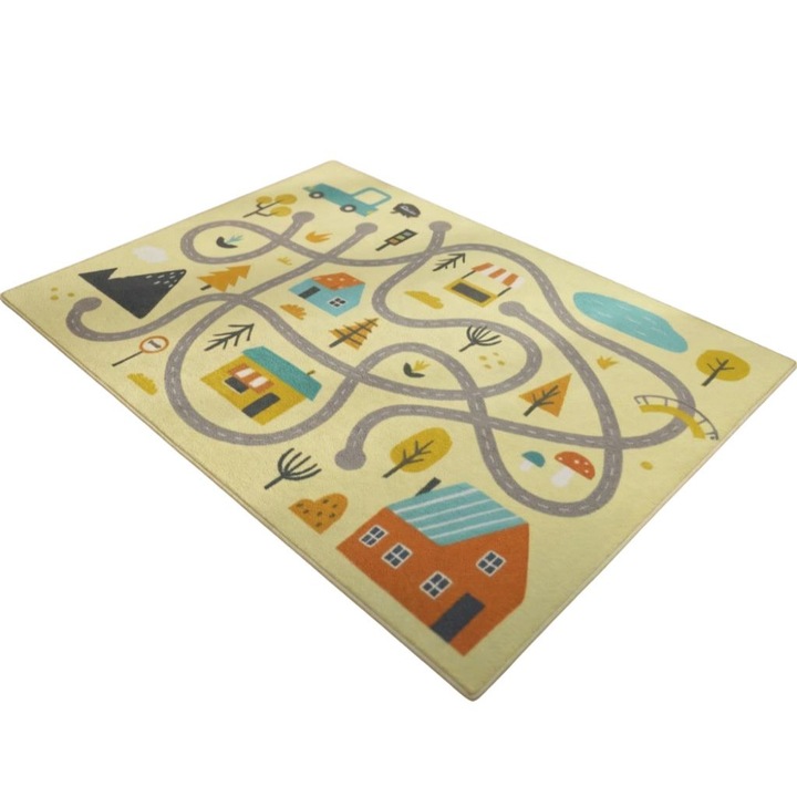Детски килим за игра с цветни къщички, 2 броя комплект, Водоустойчива мека повърхност, Миещ се, Противоплъзгащ, Нетъкан текстил, 120 х 160 сантиметра, Многоцветен