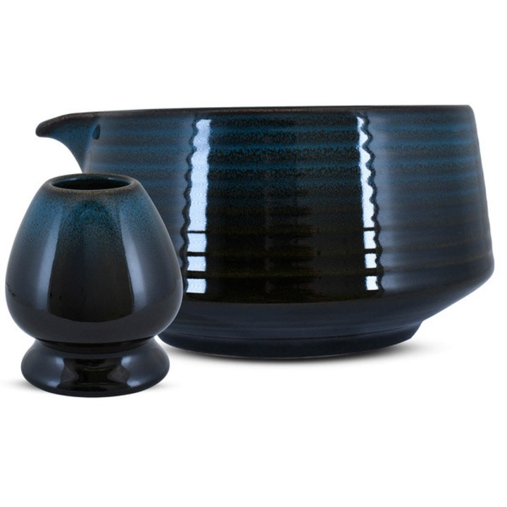 Set Accesorii Ceai Matcha, Cebador Ame, Matchawan Bol Ceramica, 440 ml, Si Kusenaoshi, Albastru Gri, Design Traditional, Calitate Superioara, Cu Gura De Turnare