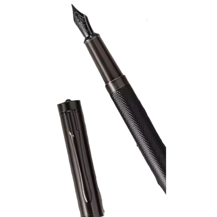 Stilou Metalic HERO Black Forest Negru, Penita Iridium 0.5 mm (F), Stilou Elegant pentru Birou, Scoala si Cadou, Design Premium Antiderapant, Cutie Neagra + 5 cartuse 3.4mm albastre