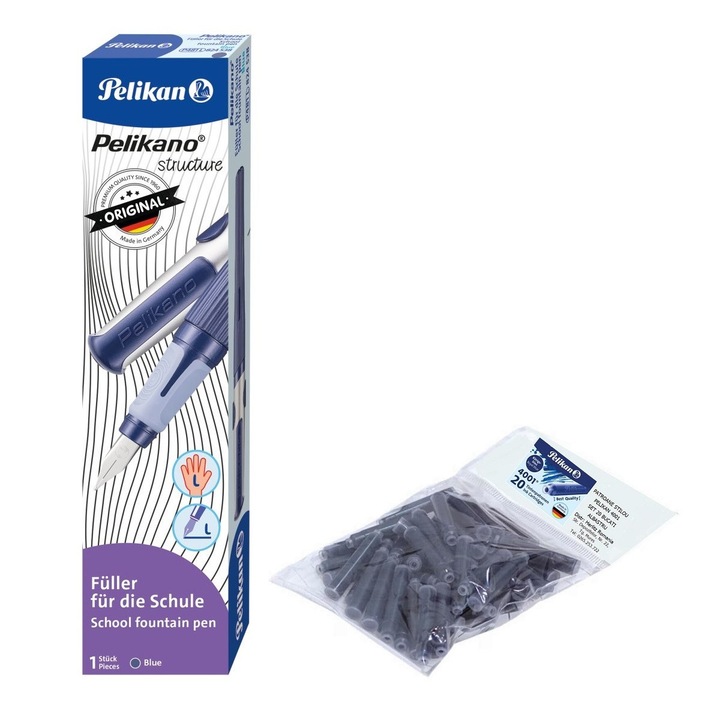 Set stilou Pelikano Structure pentru stangaci, cutie carton, albastru cu 20 rezerve cerneala Pelikan