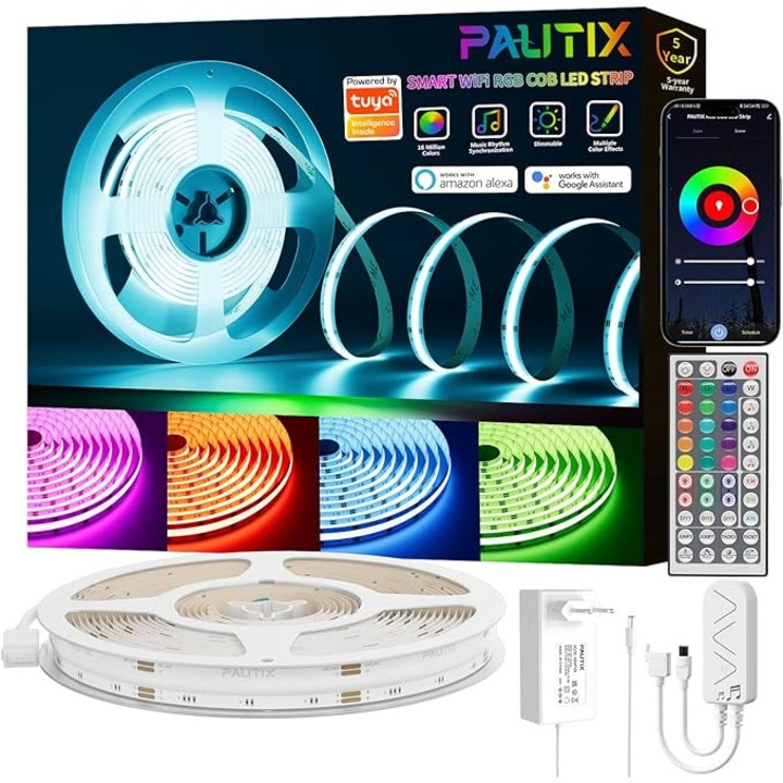 Bandă LED RGB COB, PAUTIX, 10m cu control WiFi, Alexa, mod muzical și 16 milioane de culori, ideală pentru decorare și gaming