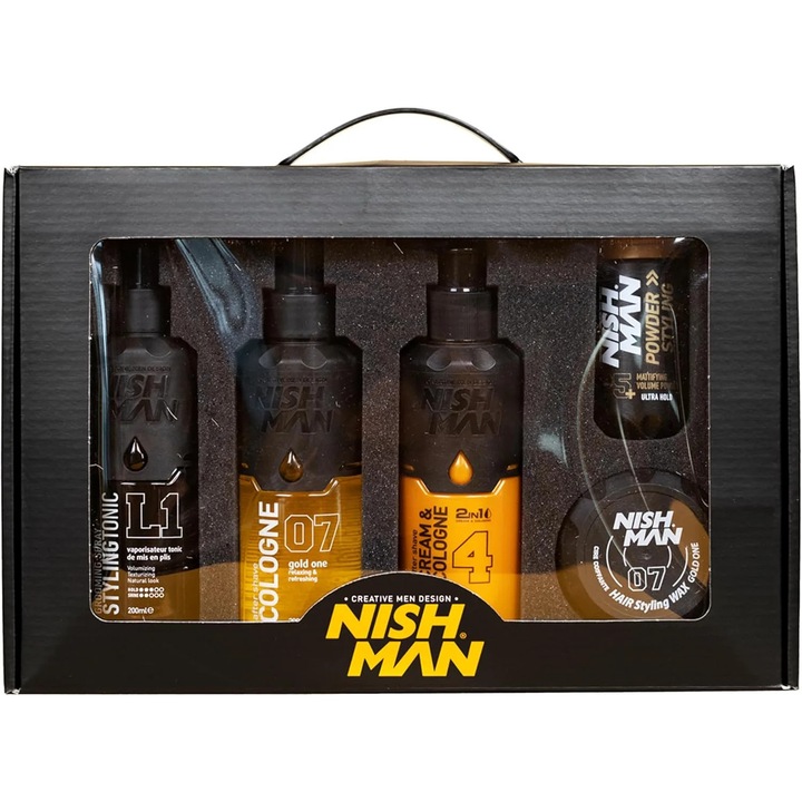 Set de îngrijire pentru barbă și mustață NISH MAN Gold One, elegant, aromă de lungă durată, 5 produse