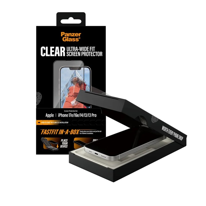 Стъклен протектор PanzerGlass за Iphone 17e, 16e, 14, 13, 13 Pro, UWF, Fastfit in-a-box, Прозрачен