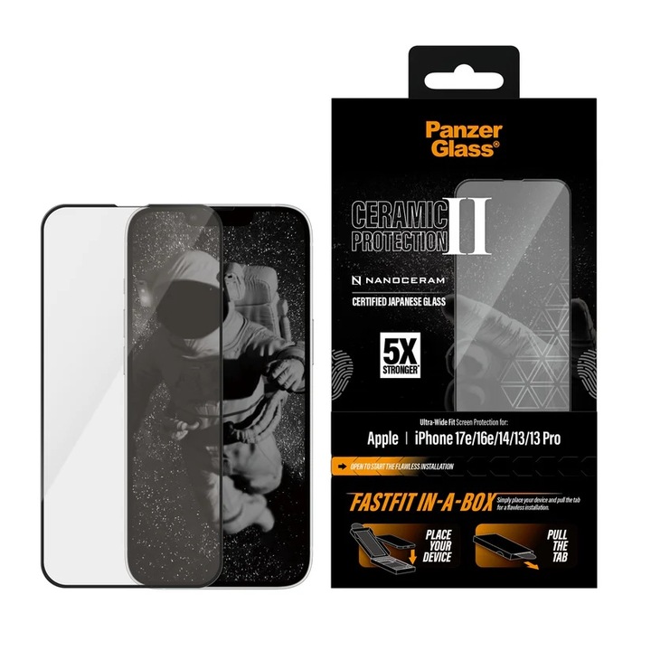 Стъклен протектор PanzerGlass за Iphone 17e, 16e, 14, 13, 13 Pro, UWF, Ceramic, Fastfit in-a-box, Прозрачен