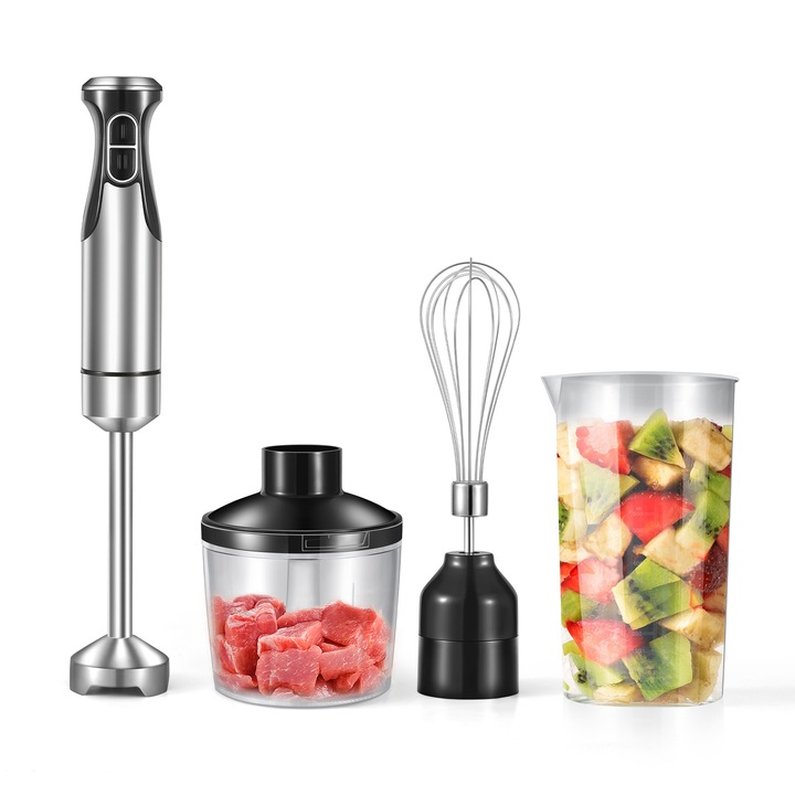 Set Mixer Vertical 4-in-1, SDLOGAL,800 W, Mixer Vertical Multifunctional, Potrivit Pentru Macinare, Amestecare, Omogenizare, Tocare si Baterea Oualor, Argintiu
