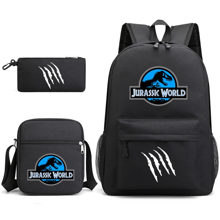 Ghiozdan Jurassic World, set 3 piese, capacitate mare, 45x30x12cm, negru