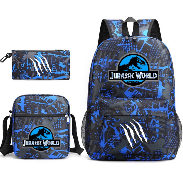 Ghiozdan Jurassic World, set 3 piese, capacitate mare, model floral albastru, 45x30x12cm