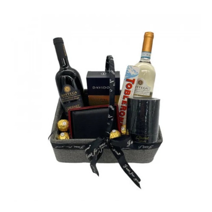 Pachet cadou barbati, Velve, Parfum oriental Lattafa Qaaed, 2 sticle vin Bottega, portofel din piele, cafea Davidoff, ciocolata Toblerone, praline Ferrero Rocher