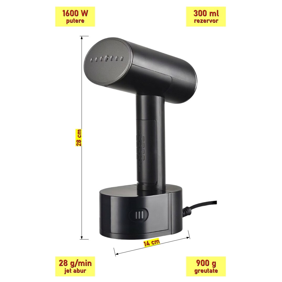 Aparat de calcat vertical cu abur, 1600 W putere, 300 ml rezervor, 28 g/minut jet de abur