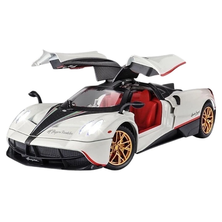 Masina metalica tip Pagany Huayra Hypercar, Sunete realistice, Farurile si stopurile lumineaza, Claxonul functioneaza, Usile si capota se deschid, Baterii incluse, 21cm, Alb, Scara 1:24
