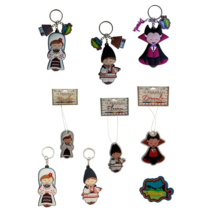 Set 9 suveniruri CheiFolk, brelocuri și insigne, multicolor