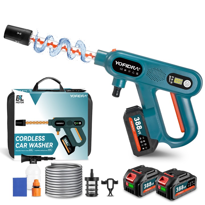 Pistol electric spălare sub presiune Yofidra, 5 moduri pulverizare, 3 niveluri reglare, fără fir, 2 baterii 2600mAh