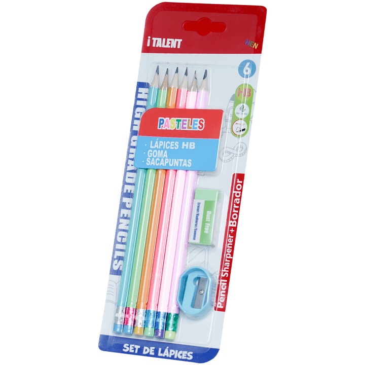 Set 6 creioane HB cu radiera si ascutitoare, 19cm, multicolor Adison