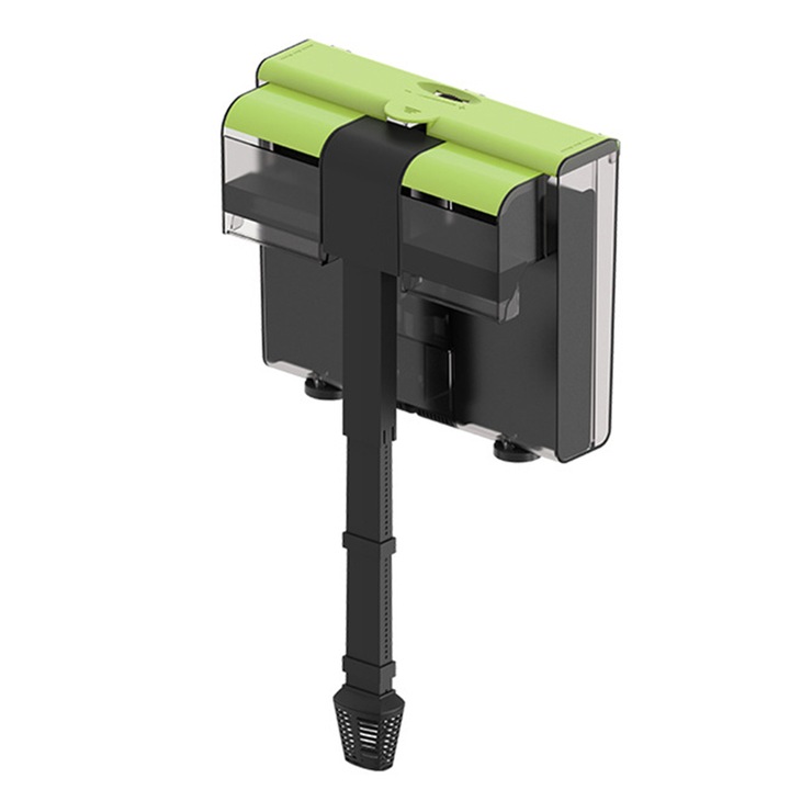 Filtru cascada suspendat 3 in 1, Duueyct, Filtrare eficienta, Design cu doua cascade, 8W, Echipata cu procesor de film de ulei, Debit reglabi, Sterilizare UV si alimentare cu oxigen, Pentru acvarii de 30-45 galoane, Verde