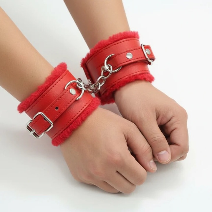 BDSM Furry bilincs, ó igen, műszőrme, piros, 1x bilincs szett