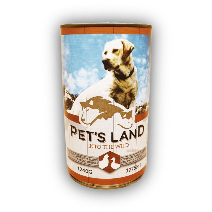 Hrana umeda premium pentru caini cu pasare, Pet's Land, 6x 1240 g/set, toate taliile