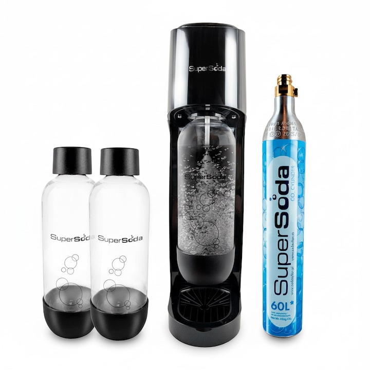 Aparat sifon pentru apă carbogazoasă SuperSoda, set cu 2 sticle 1L, cartuș CO plin, design compact