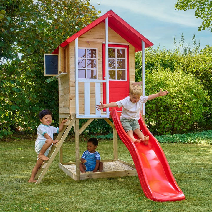 Casuta de gradina TP TOYS, Poppy Cottage, cu platforma cu loc de nisip si tobogan, lemn, rosu/maro/alb