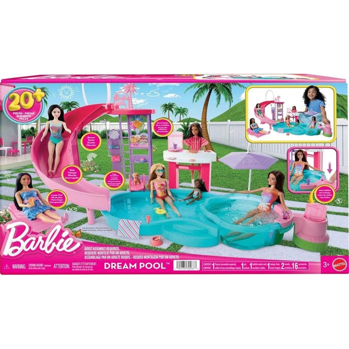 Set Barbie Dream Pool cu 6 zone de joaca, tobogan, jacuzzi cu bule, 20+ accesorii, Mattel