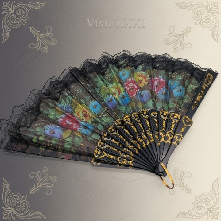 Elegáns kézi legyező, Vision XXI, virágos fekete csipkével, arany filigránnal, 43 cm
