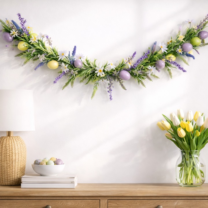 Ghirlandă decorativă de Paște, Antbro, 150 cm, ouă pastel, margarete și lavandă liliac