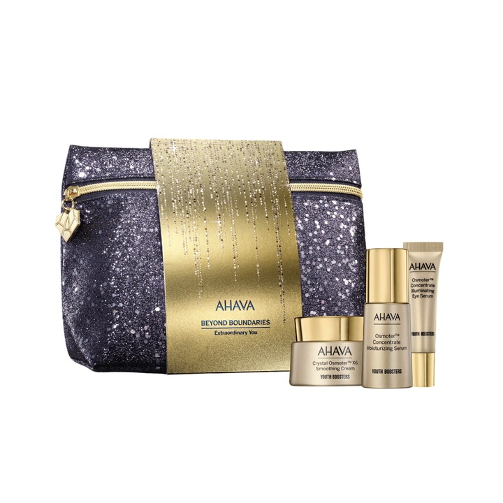 Setul Extraordinary You de la Ahava: Crystal Osmoter X6, Crema Netezitoare pentru Fata, 50 ml + Osmoter Concentrat, Ser Iluminant pentru Ochii, 15 ml + Osmoter Concentrat, Ser Hidratant pentru Fata, 30 ml + Punga Textila Ahava GWP