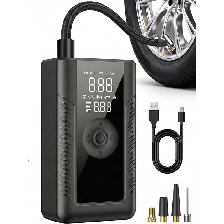 Compresor electric portabil 2 Pro, Comoara de umflare cu compresor electric, 150 psi inalta presiune, pentru motociclete, biciclete, masini, scutere, fotbal, baschet